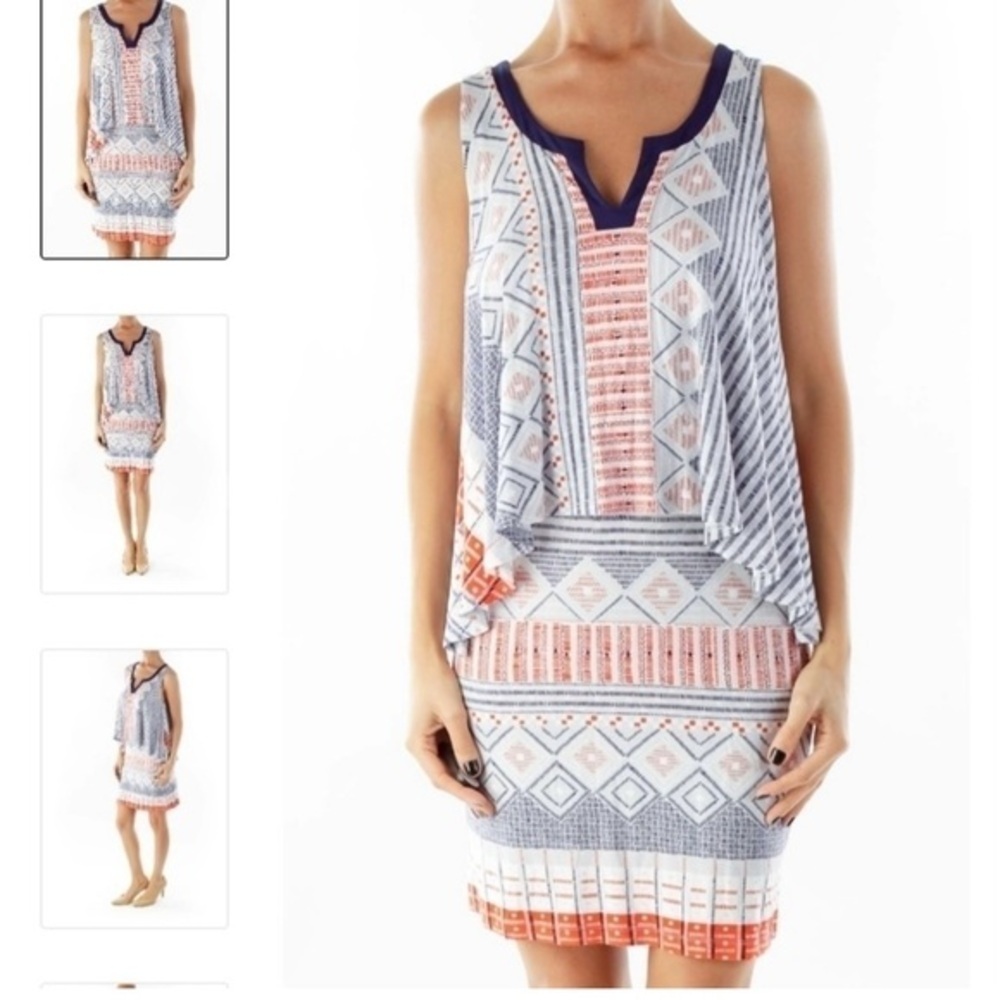 Anthropologie Maeve Tank Tiered Dress V-Neck, Fit & Flow, Orange Blue Size Large